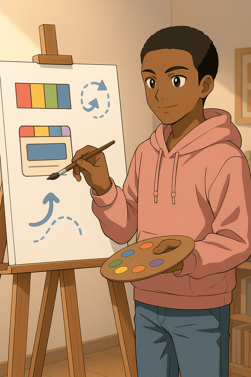 Design illustration showing creative process with colors, cards, and user interface elements
